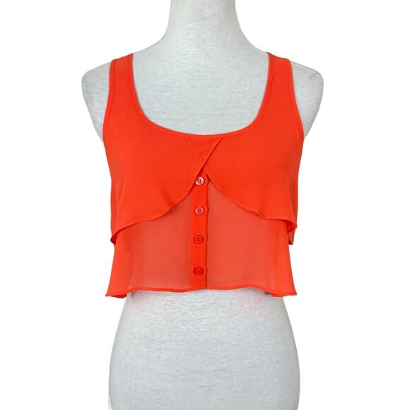 BCBGeneration NWOT Orange Flowy Layered Button Up Crop Top Sheer Tank - Picture 3 of 13